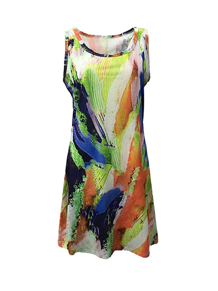 Loose Multicolor Print Dress Summer Sleeveless O Neck Pullover Vest Dresses