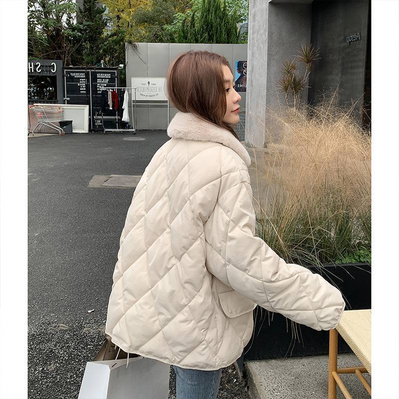 Loose Rhombus Bread Coat Stitching Fur Collar Warm Thickened Cotton-padded Jacket Coat For Women