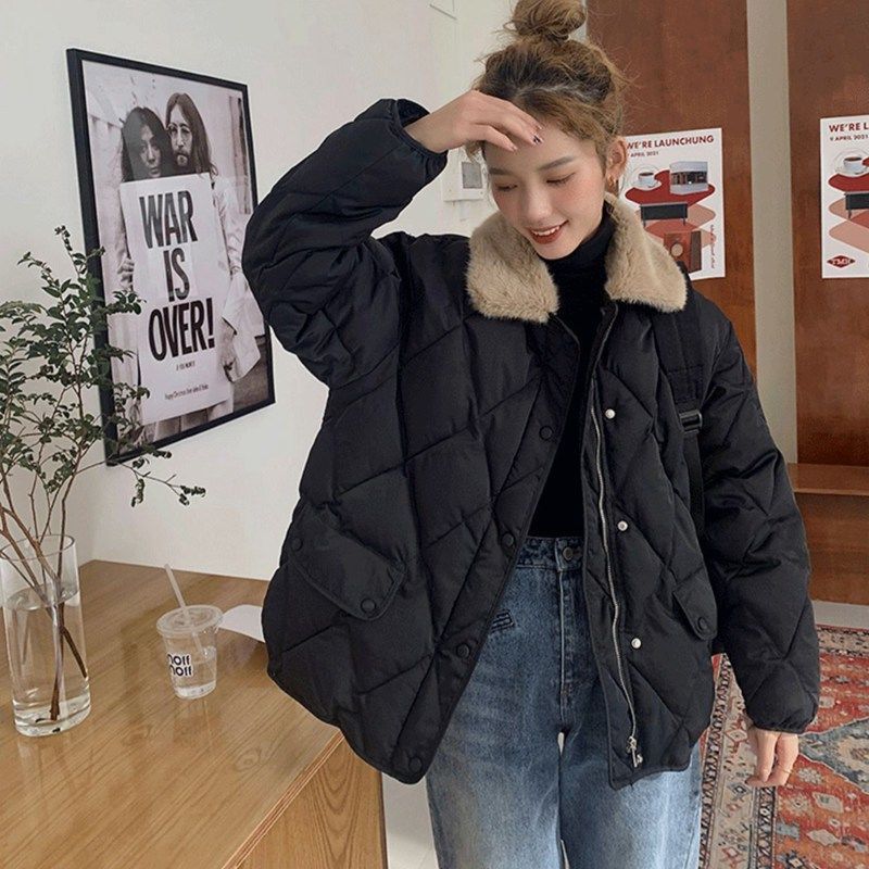 Loose Rhombus Bread Coat Stitching Fur Collar Warm Thickened Cotton-padded Jacket Coat For Women