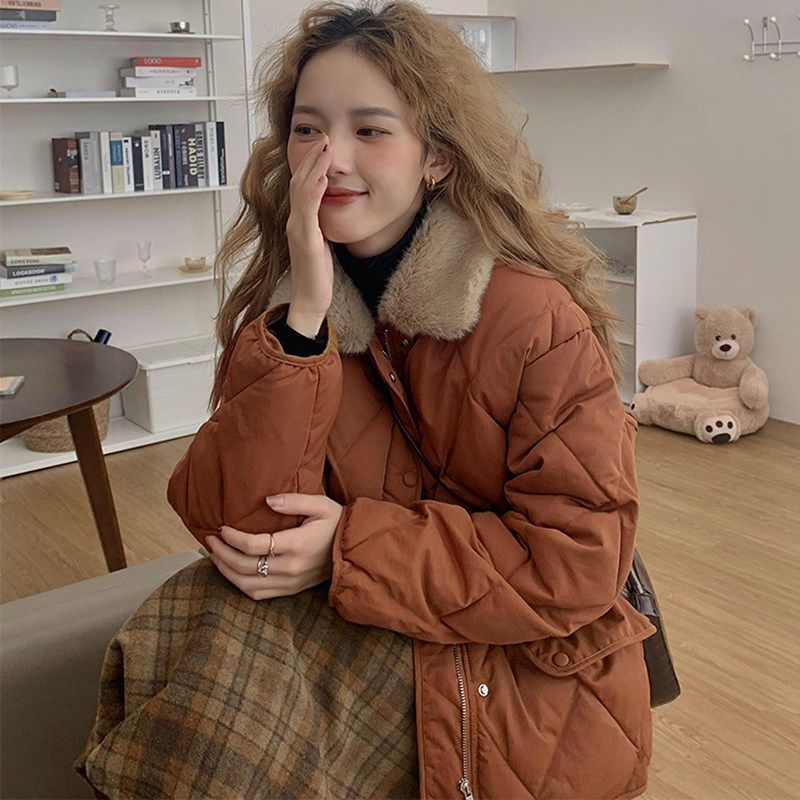 Loose Rhombus Bread Coat Stitching Fur Collar Warm Thickened Cotton-padded Jacket Coat For Women Caramel Color