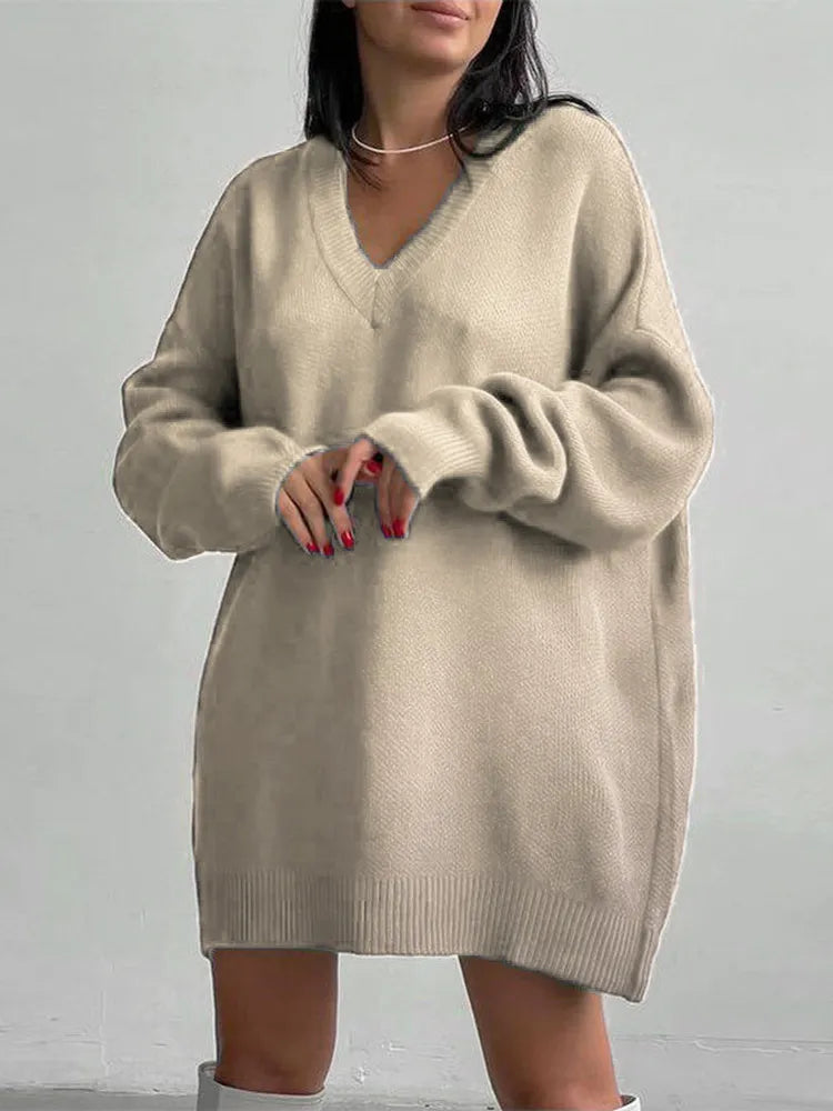 Loose Sweater V-Neck Women Lantern Full Sleeve Solid Knitted Pullover Casual Autumn Winter Knitwear Top Apricot One Size