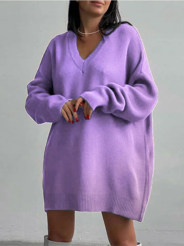 Loose Sweater V-Neck Women Lantern Full Sleeve Solid Knitted Pullover Casual Autumn Winter Knitwear Top Purple One Size
