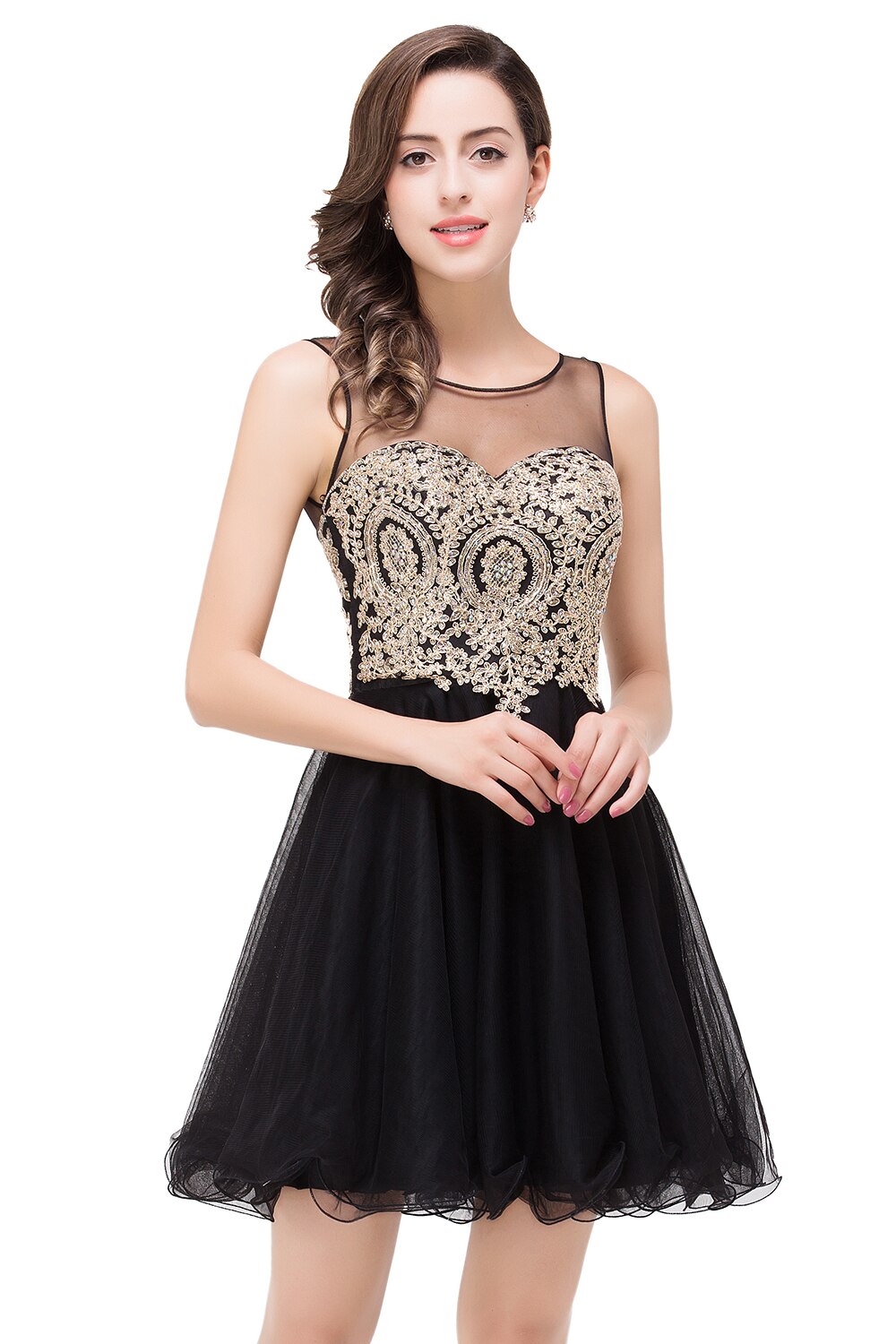 Lovely Short Homecoming Gowns Straps V Neck Cocktail Dresses Floral Open Back Sleeveless Wedding Party Gowns Mini Prom Dress Tulle Black