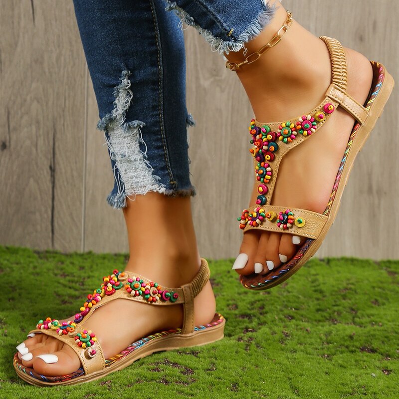 Lucyever Beaded Flowers Flat Heeled Sandals Women Summer 2024 Plus Size Open Toe Bohemian Sandals Woman Elastic Strap Rome Shoes