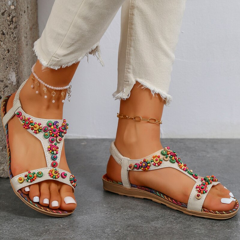 Lucyever Beaded Flowers Flat Heeled Sandals Women Summer 2024 Plus Size Open Toe Bohemian Sandals Woman Elastic Strap Rome Shoes