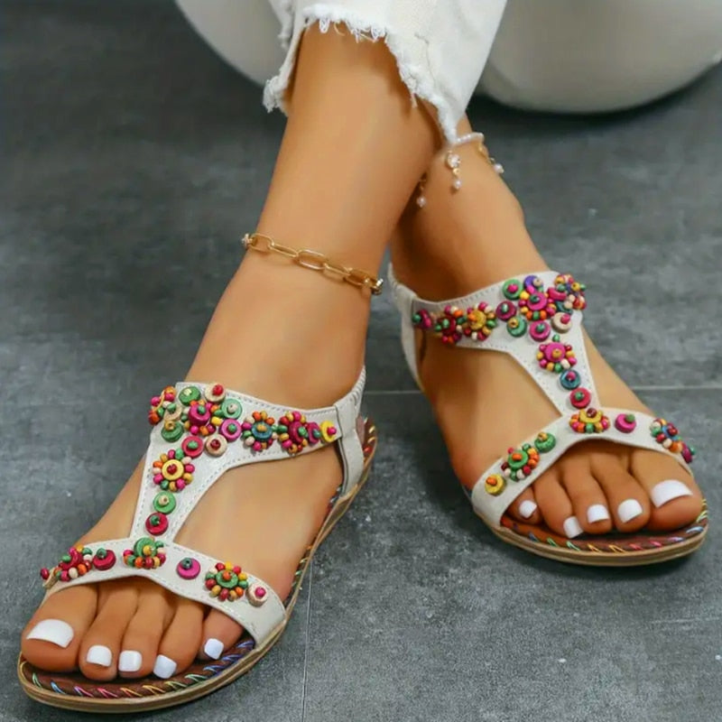 Lucyever Beaded Flowers Flat Heeled Sandals Women Summer 2024 Plus Size Open Toe Bohemian Sandals Woman Elastic Strap Rome Shoes Rubai