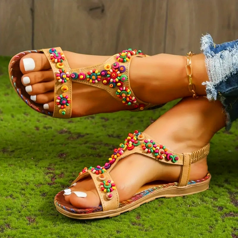 Lucyever Beaded Flowers Flat Heeled Sandals Women Summer 2024 Plus Size Open Toe Bohemian Sandals Woman Elastic Strap Rome Shoes