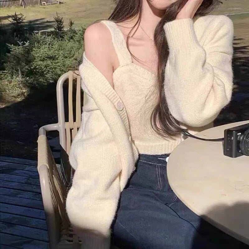 Lucyever Vintage Autumn Winter Knitted Sets Women Japanese Style Short Cardigan and Vest Woman Korean Buttons Up V-Neck Sweater