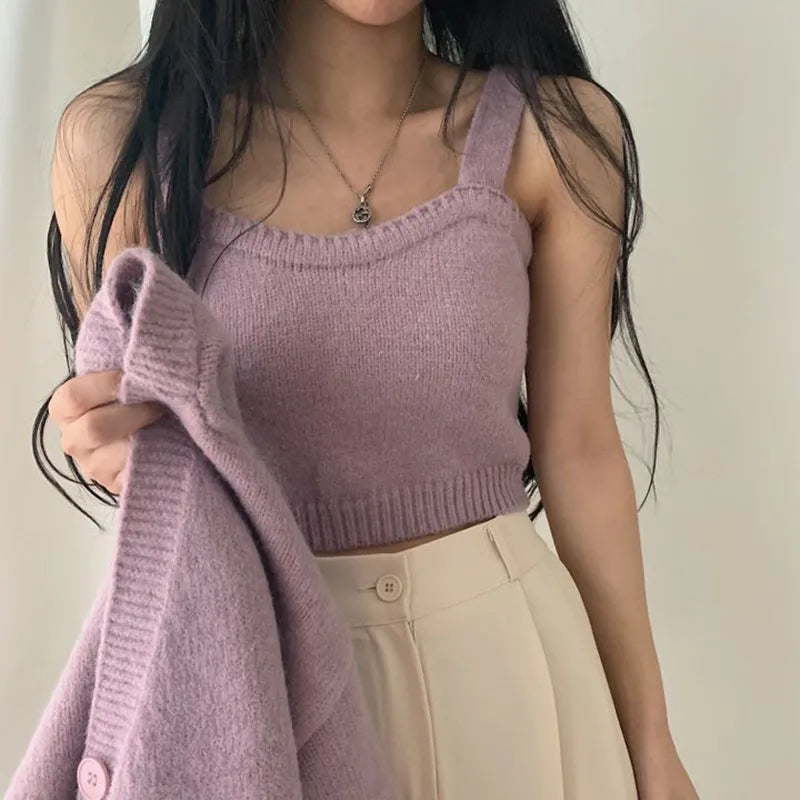 Lucyever Vintage Autumn Winter Knitted Sets Women Japanese Style Short Cardigan and Vest Woman Korean Buttons Up V-Neck Sweater