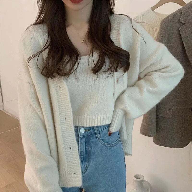 Lucyever Vintage Autumn Winter Knitted Sets Women Japanese Style Short Cardigan and Vest Woman Korean Buttons Up V-Neck Sweater Beige One Size 40-60kg
