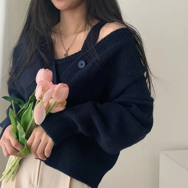 Lucyever Vintage Autumn Winter Knitted Sets Women Japanese Style Short Cardigan and Vest Woman Korean Buttons Up V-Neck Sweater