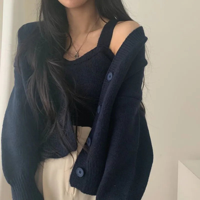Lucyever Vintage Autumn Winter Knitted Sets Women Japanese Style Short Cardigan and Vest Woman Korean Buttons Up V-Neck Sweater Navy Blue One Size 40-60kg