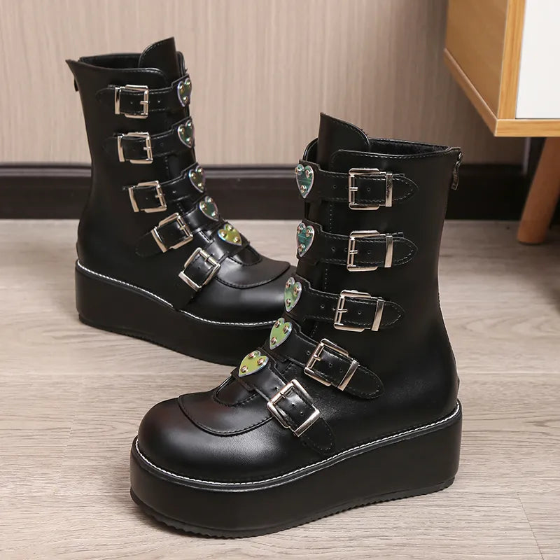 Luxury Brand Big Size 43 Fashion Cool Street Buckles Goth Winter Platform Motorcycles Boots Halloween Cosplay Black Woman Shoes