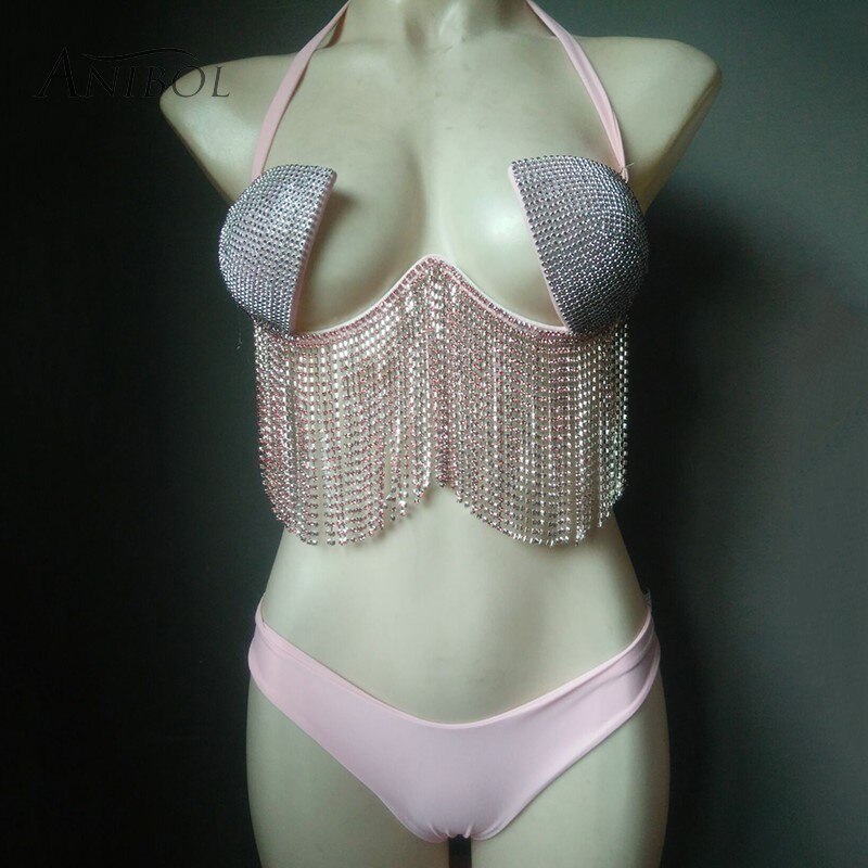 Luxury Crystal Bikini Sexy Rhinestone Tassels Women Swimwear Shiny Jewllery Diamonds Female's Swimsuit Pink