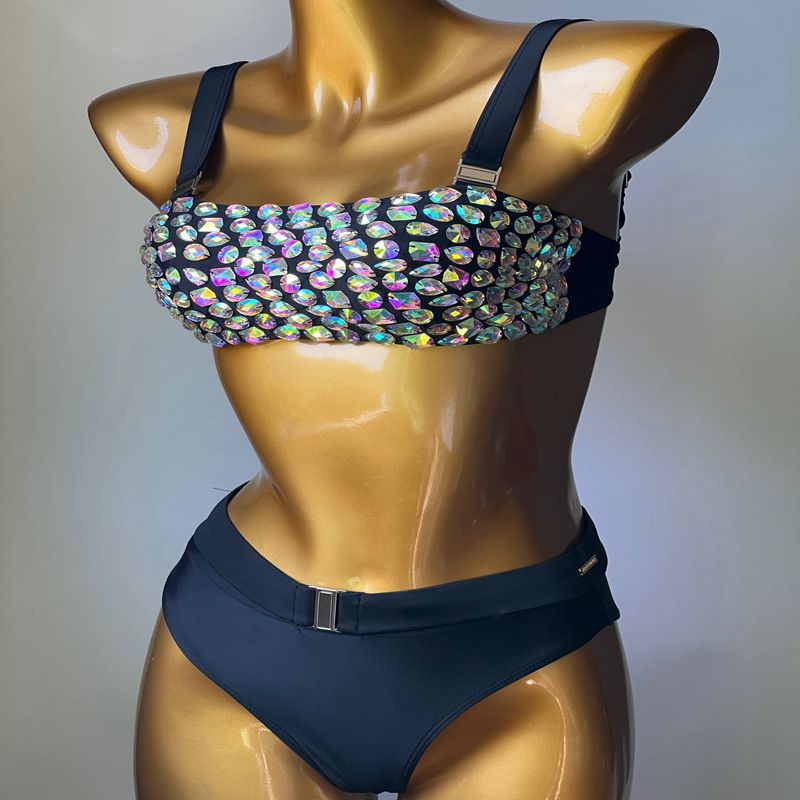 Luxury Crystal Diamond Bikini Set Manual Sewn Rhinestone Bandage Woman's Swimsuit High Waist Bandeau Black Swimwear