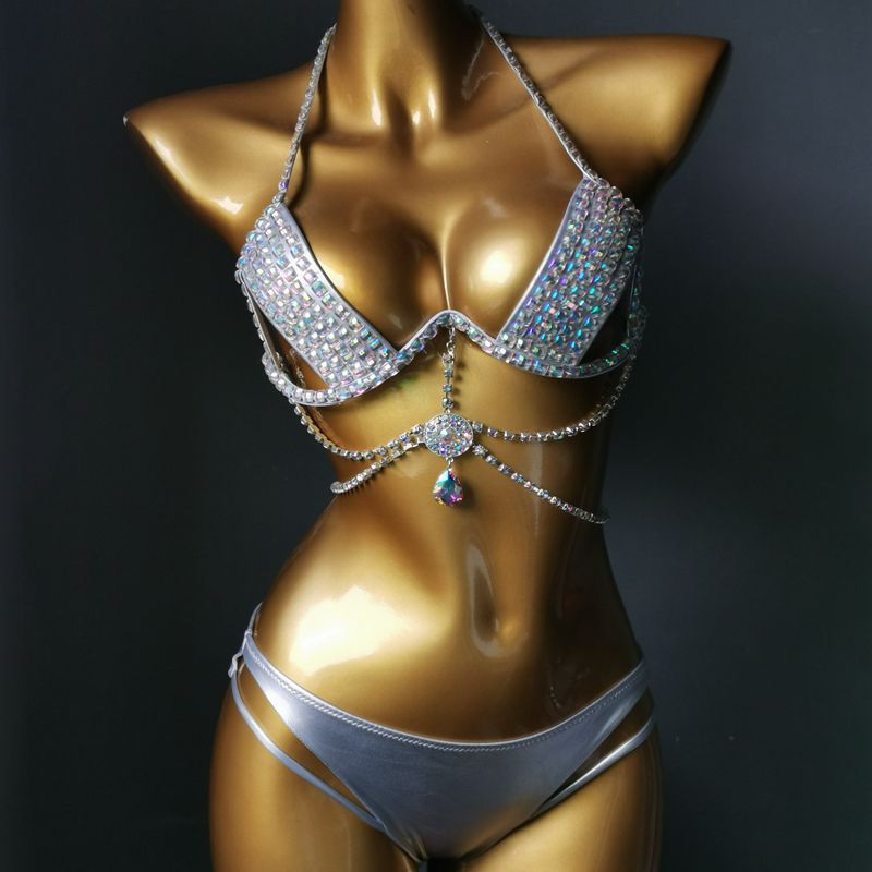 Luxury Crystal Diamond Bikini Sexy Push Up Gathered Women's Split Swimsuit High-End Rhinestone Chain Swimwear