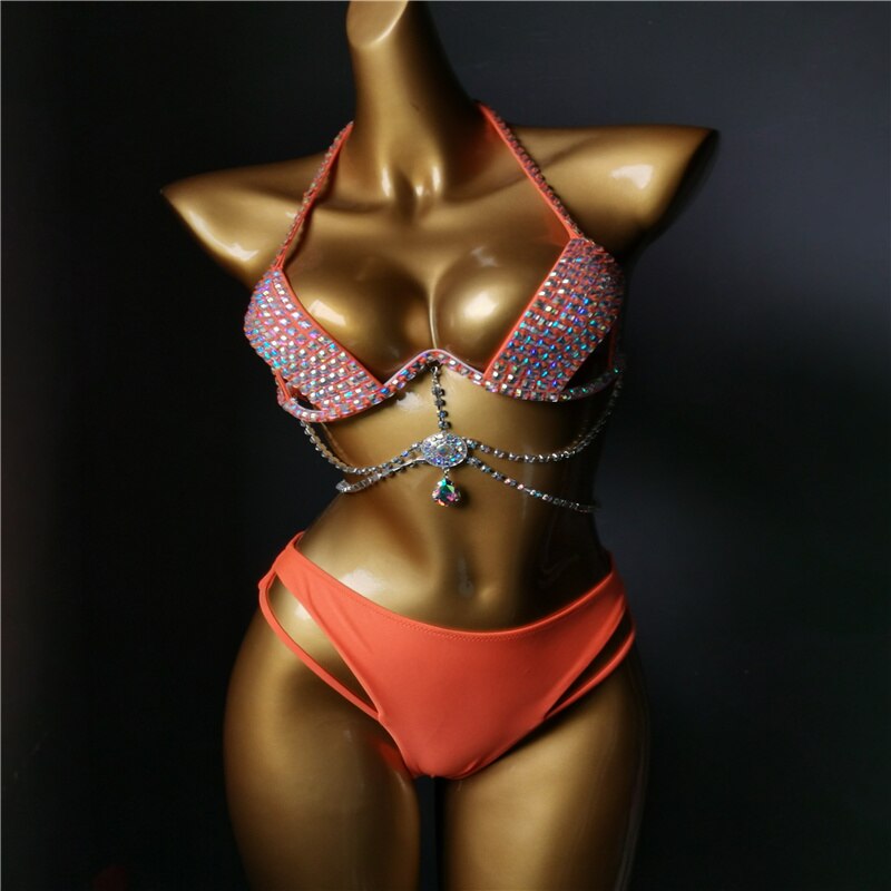 Luxury Crystal Diamond Bikini Sexy Push Up Gathered Women's Split Swimsuit High-End Rhinestone Chain Swimwear