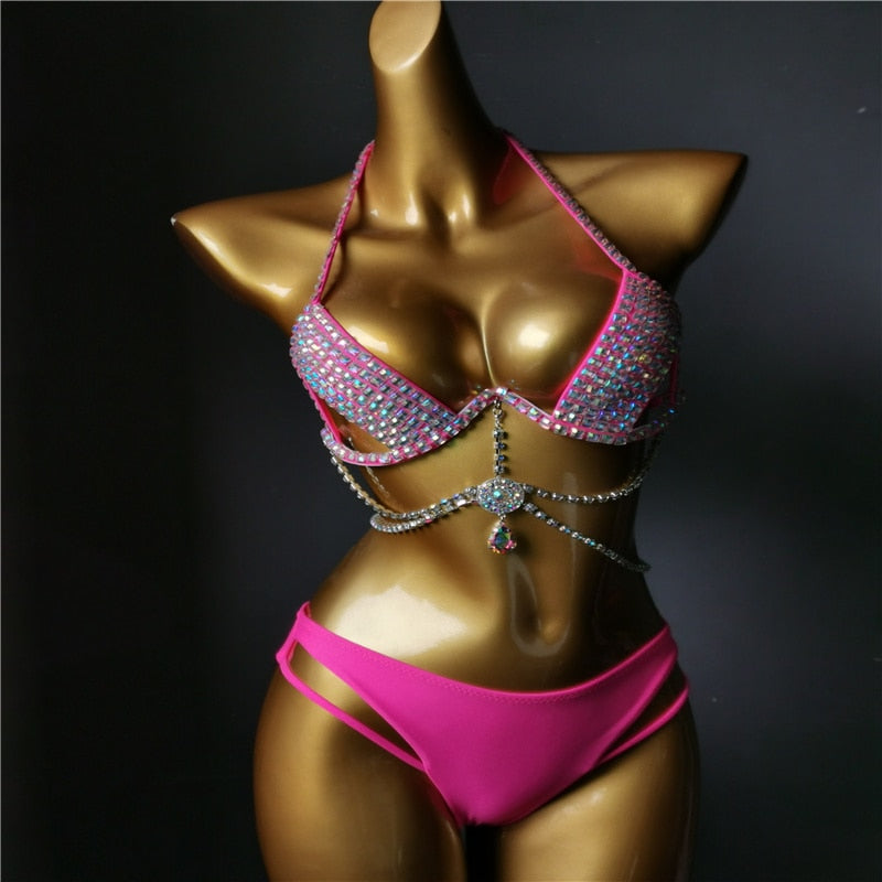 Luxury Crystal Diamond Bikini Sexy Push Up Gathered Women's Split Swimsuit High-End Rhinestone Chain Swimwear
