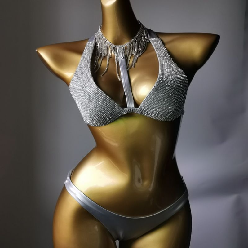 Luxury Crystal Diamond Bikini Sexy Push Up Gathered Women's Split Swimsuit Rhinestone Tassels Halter Triangle Swimwear Silver
