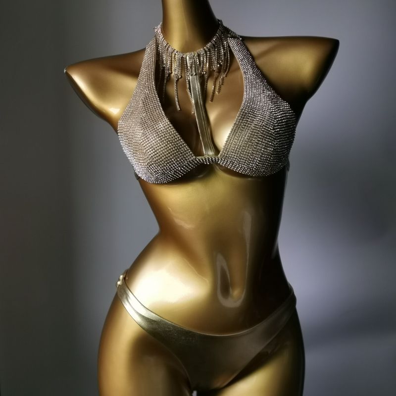 Luxury Crystal Diamond Bikini Sexy Push Up Gathered Women's Split Swimsuit Rhinestone Tassels Halter Triangle Swimwear Gold