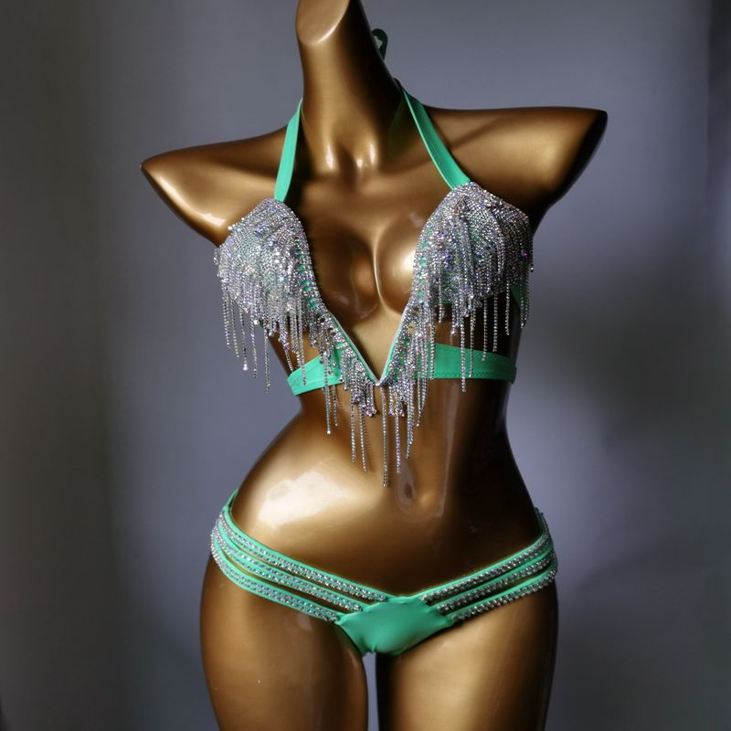 Luxury Crystal Diamond Bikini Sexy Push Up Gathered Women's Swimsuit Rhinestone Tassels Split Swimwewear Yellow L