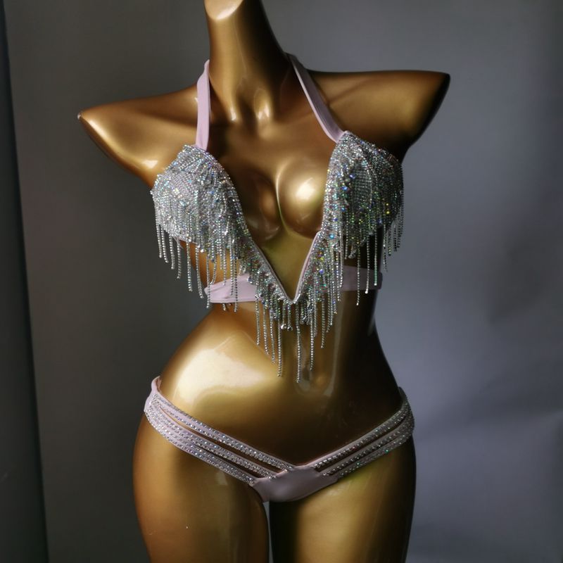 Luxury Crystal Diamond Bikini Sexy Push Up Gathered Women's Swimsuit Rhinestone Tassels Split Swimwewear Pink