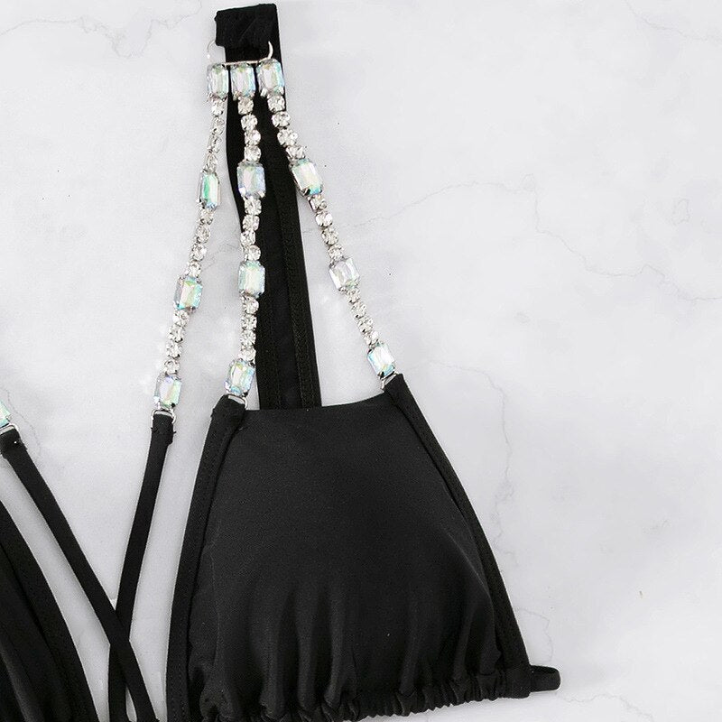 Luxury Crystal Diamond Bikini Sexy Strappy Bandage Women's Triangle Swimsuit Shiny Rhinestone Push Up Swimwear Biquini