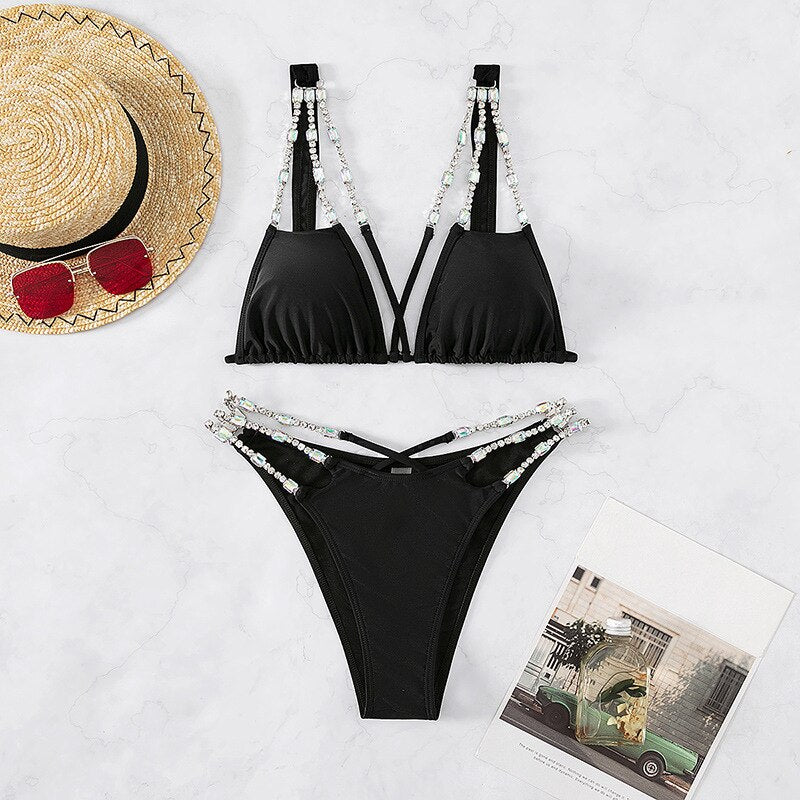 Luxury Crystal Diamond Bikini Sexy Strappy Bandage Women's Triangle Swimsuit Shiny Rhinestone Push Up Swimwear Biquini Black