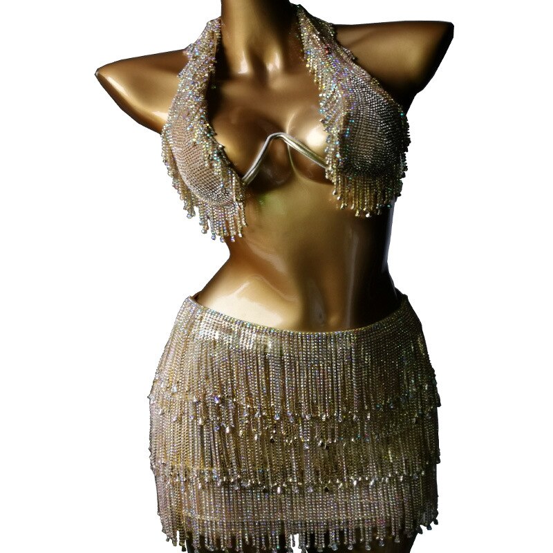 Luxury Crystal Diamond Skirt Club Wear Push Up Gathered Women's Rhinestone Bra Sexy Hip Wrap Tassels Suit Gold
