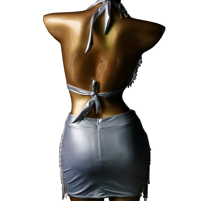 Luxury Crystal Diamond Skirt Club Wear Push Up Gathered Women's Rhinestone Bra Sexy Hip Wrap Tassels Suit