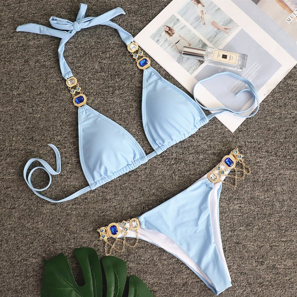 Luxury Crystal Diamond Triangle Bikini Sexy Halter Snakeskin Women Swimsuit Newest Rhinestone Swimwear Light blue