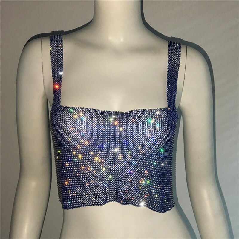 Luxury Crystal Diamond Women's Camisole Shiny Rhinestone Hot Girls Crop Top Sexy Night Club Wear Suspender Vest royal blue