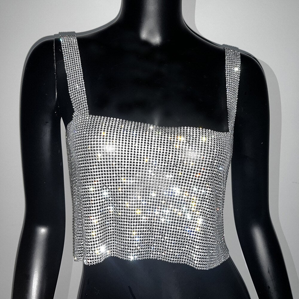 Luxury Crystal Diamond Women's Camisole Shiny Rhinestone Hot Girls Crop Top Sexy Night Club Wear Suspender Vest Silver