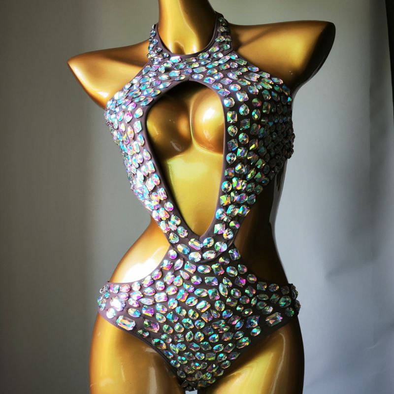 Luxury Crystal Diamond Women's Swimsuit Sexy Halter Rhinestone One-Piece Swimwear Backless Hollow Bathing Suit Auburn