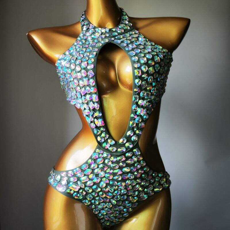 Luxury Crystal Diamond Women's Swimsuit Sexy Halter Rhinestone One-Piece Swimwear Backless Hollow Bathing Suit Army Green