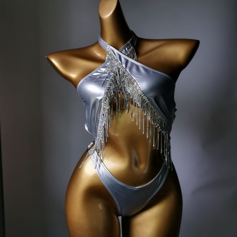 Luxury Crystal Diamond Women's Swimwear Rhinestone Tassels One-Piece Swimsuit Sexy Backless Halter Straps Bathing Suit Silver