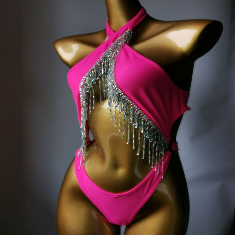 Luxury Crystal Diamond Women's Swimwear Rhinestone Tassels One-Piece Swimsuit Sexy Backless Halter Straps Bathing Suit
