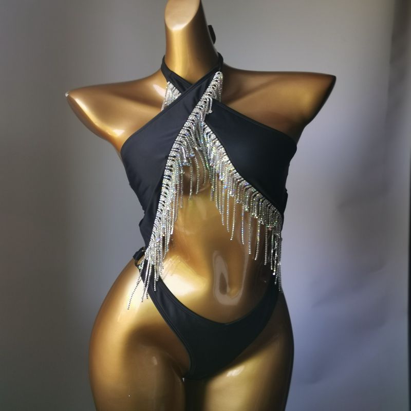 Luxury Crystal Diamond Women's Swimwear Rhinestone Tassels One-Piece Swimsuit Sexy Backless Halter Straps Bathing Suit
