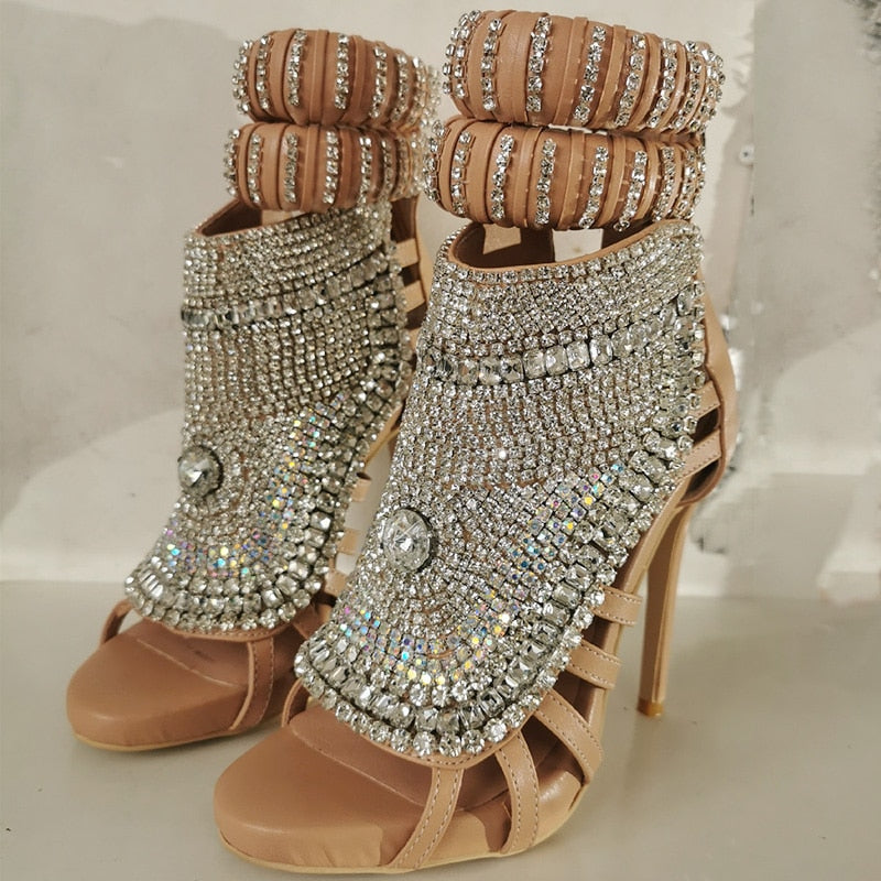 Luxury Design Diamonds Women High Heels Large Size 47 Stiletto Sandals Rhinestone Ladies Party Dress Mule Shoes apricot
