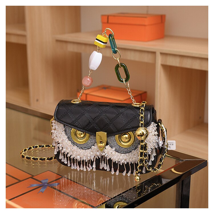 Luxury Designer Owl Bags For Women 2024 Trend Shoulder Bag Leather Beaded Purses and Handbag Black White Female Bag 6 20 X 13 X 6CM