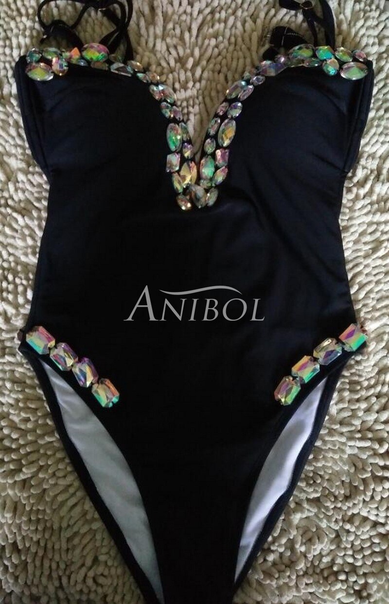Luxury Diamond One Piece Swimsuit Low Cut Sexy Rhinestone Women Swimwear Straps Deep V-neck Crystal Bathing Suit