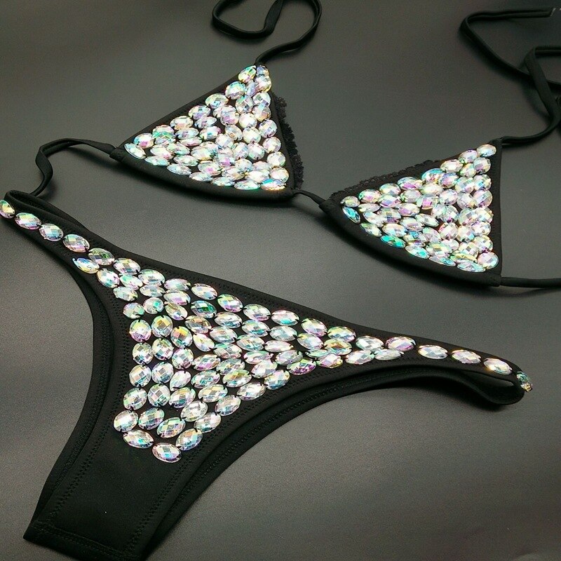 Luxury Diamond Triangle Bikini Hand Sewing Crystal Rhinestone Women's Swimwear Halter Push Up Female Swimsuit