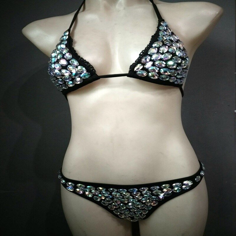Luxury Diamond Triangle Bikini Hand Sewing Crystal Rhinestone Women's Swimwear Halter Push Up Female Swimsuit