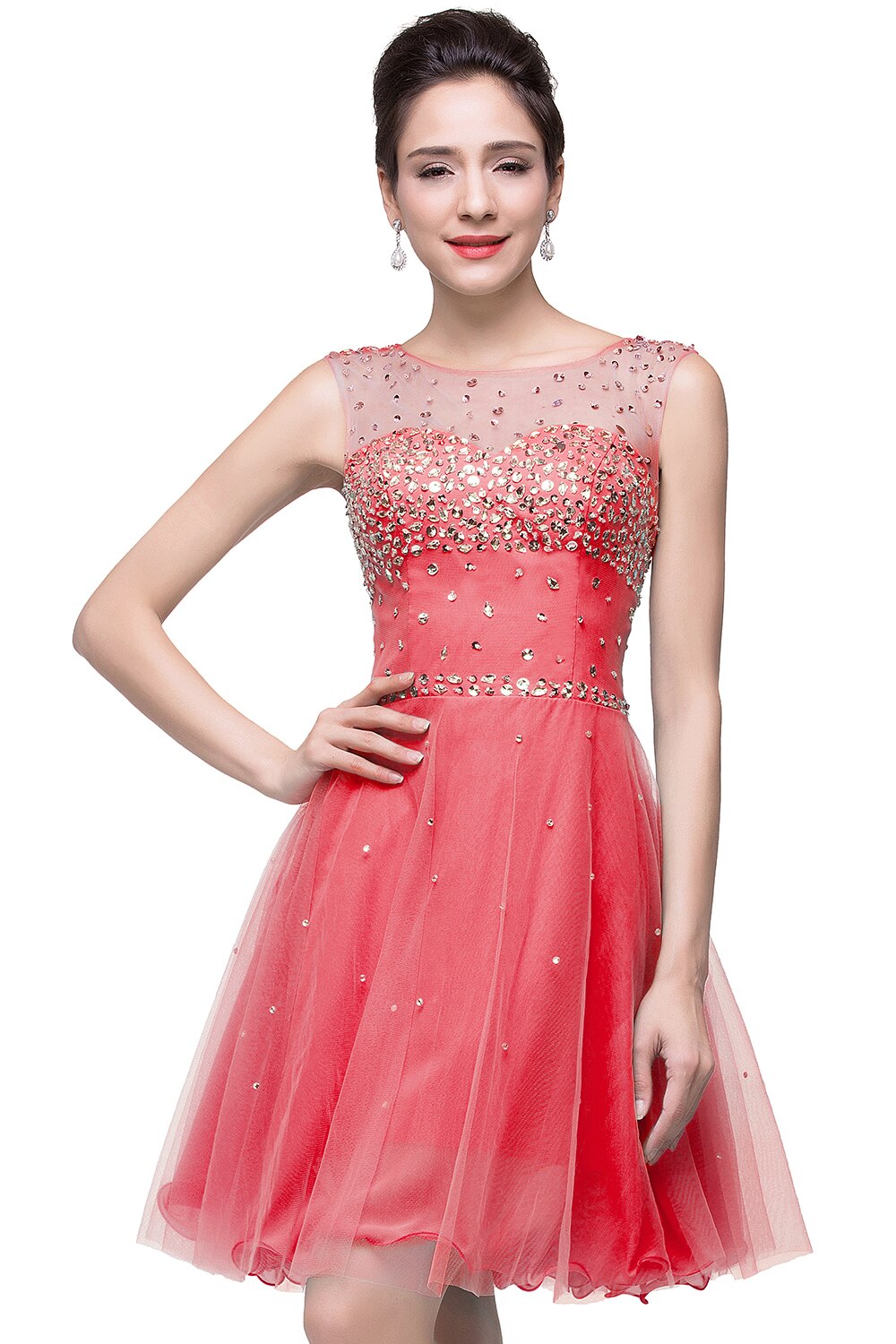 Luxury Elegant Short Homecoming Dresses Vestidos De Fiesta Crystal Formal Party Gowns Vestido De Formatura Watermelon