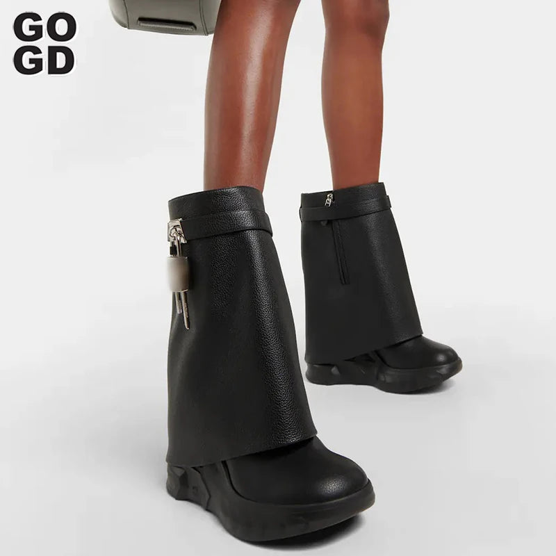 Luxury Fashion Women's Autumn Winter Mid-Calf Boots Shark Lock Platform Round Toe Boots Wedge Heels Vintage Shoes