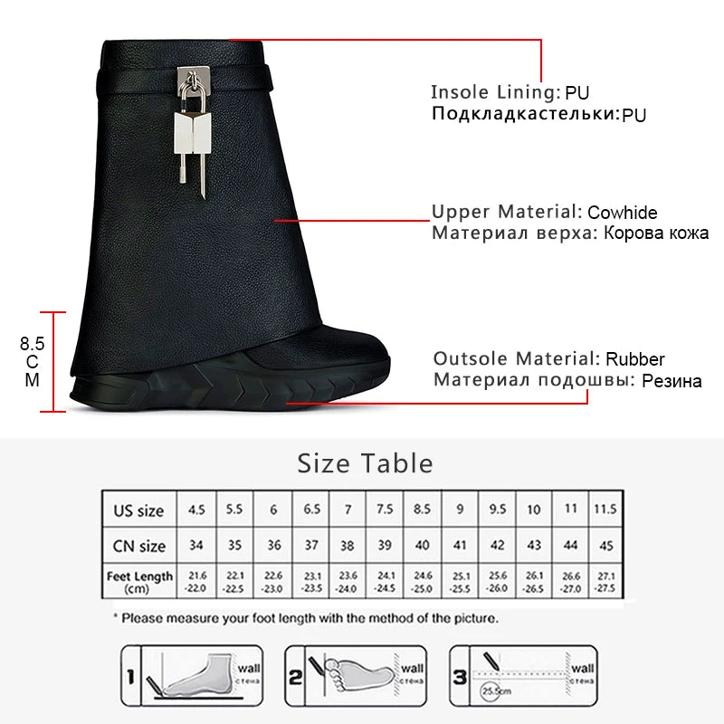 Luxury Fashion Women's Autumn Winter Mid-Calf Boots Shark Lock Platform Round Toe Boots Wedge Heels Vintage Shoes