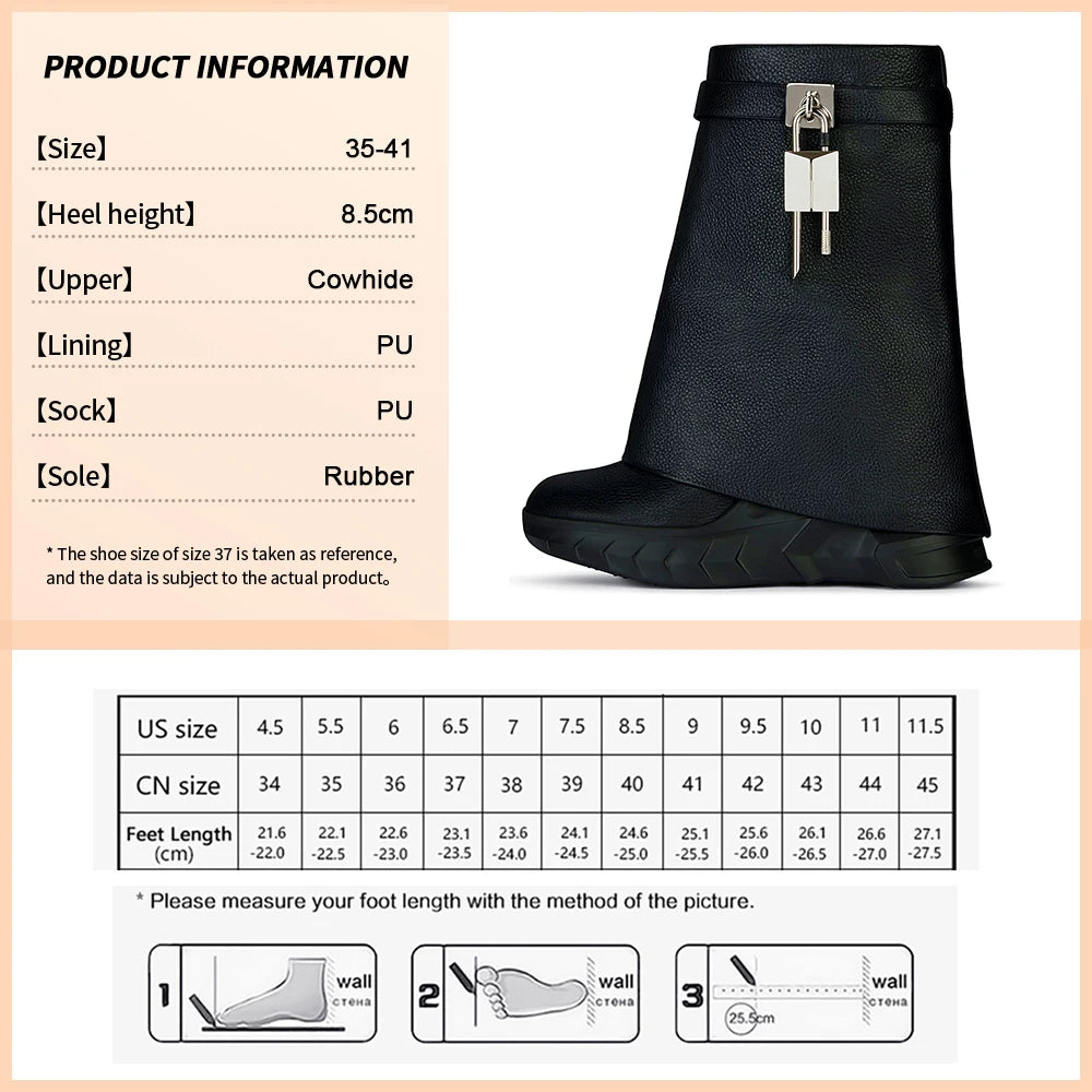 Luxury Fashion Women's Autumn Winter Mid-Calf Boots Shark Lock Platform Round Toe Boots Wedge Heels Vintage Shoes Black Leather