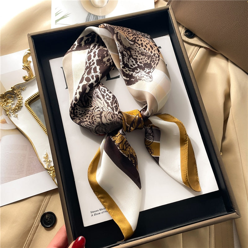 Luxury Print Satin Silk Square Scarf for Women Shawl Hijab Neckerchief Female Hair Ribbon Headband Fashion Wrap Bandana 2024 New FJ645-1