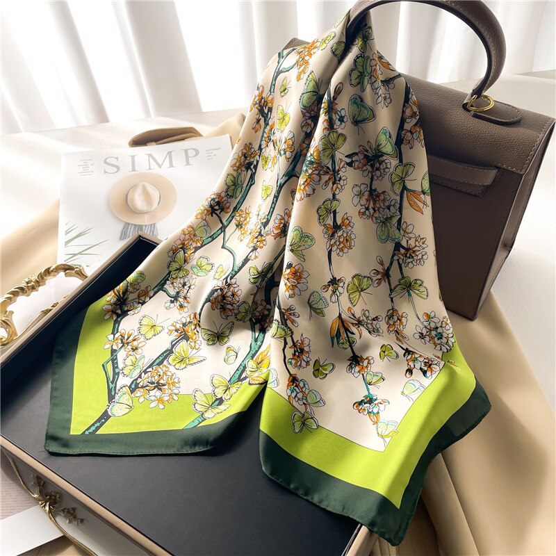Luxury Print Satin Silk Square Scarf for Women Shawl Hijab Neckerchief Female Hair Ribbon Headband Fashion Wrap Bandana 2024 New FJ406-4 1