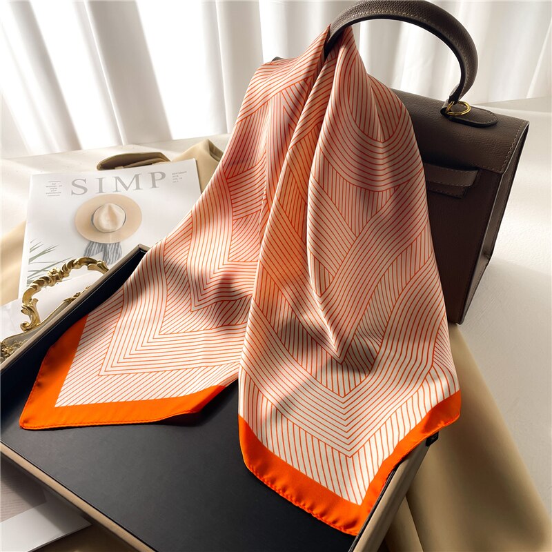 Luxury Print Satin Silk Square Scarf for Women Shawl Hijab Neckerchief Female Hair Ribbon Headband Fashion Wrap Bandana 2024 New FJ599-9